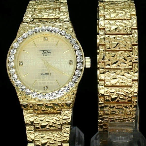 Mens Nugget Design Watch & Bracelet Set 14k Gold P - Picture 2 of 4
